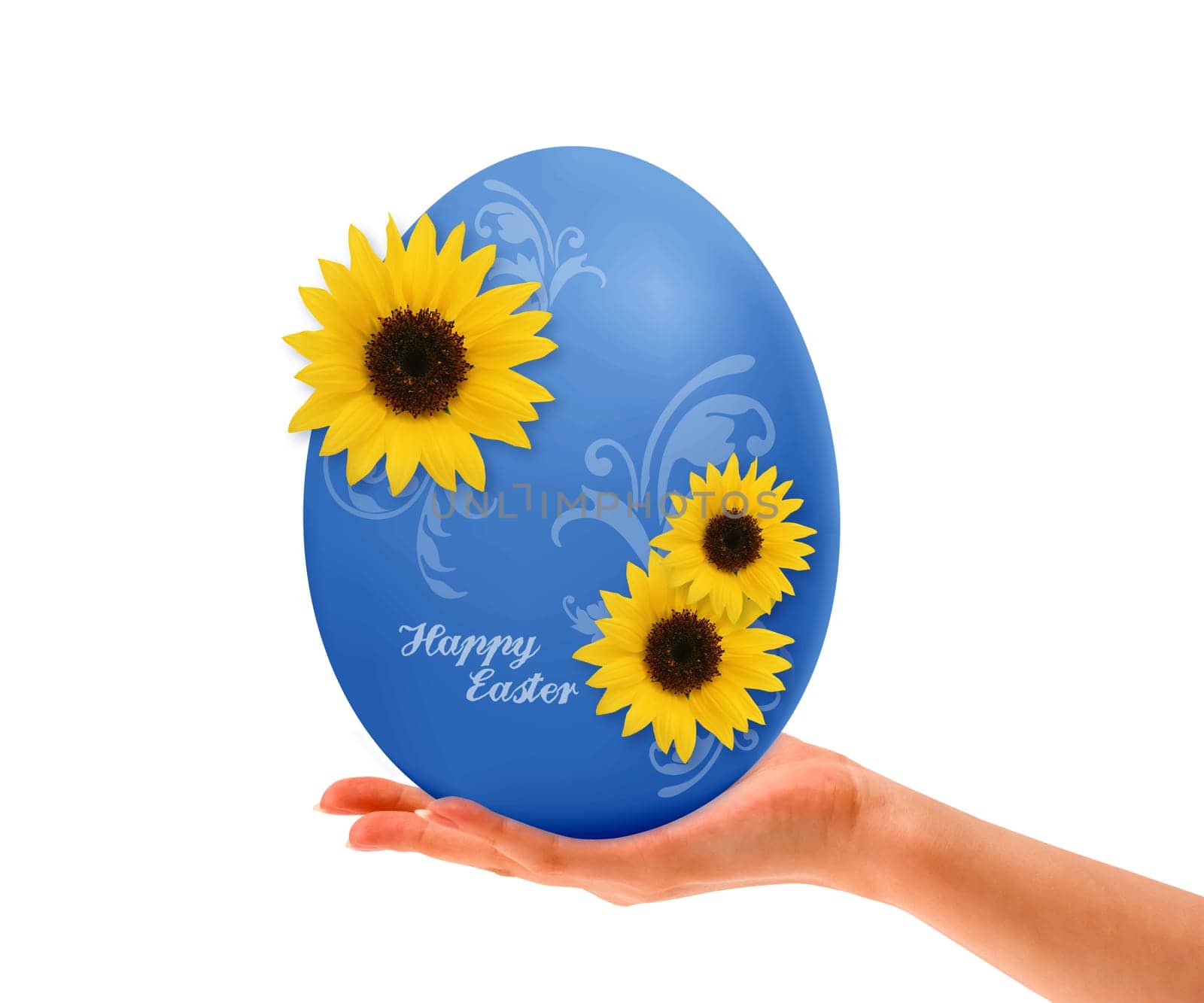 Hand holding Blue Easter egg with yellow flowers on white background.