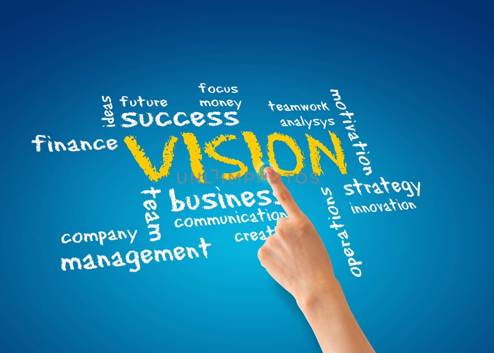 Hand pointing at a vision word cloud illustration.