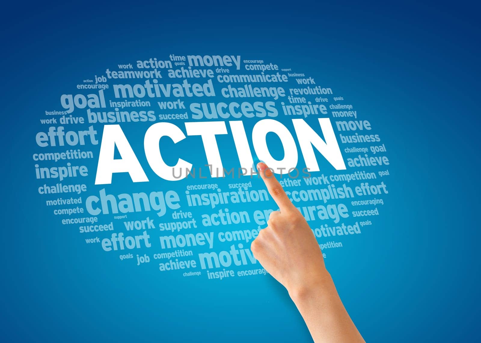 Hand pointing at a Action word cloud Illustration.
