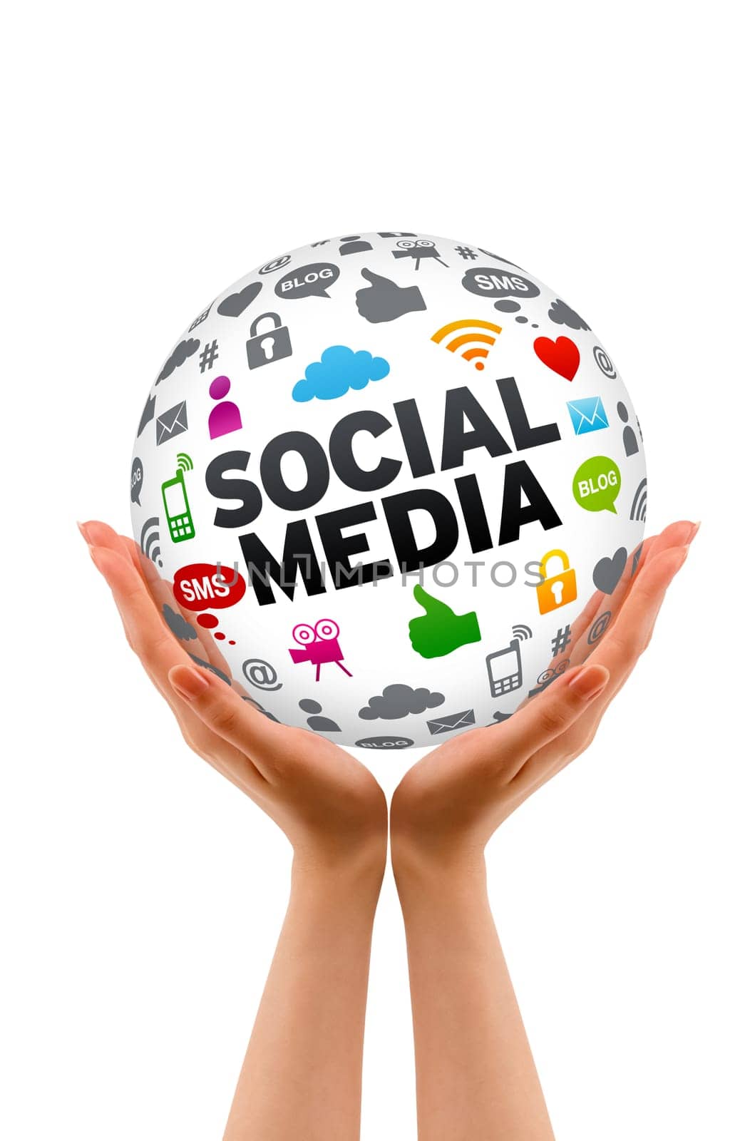 Hands holding a 3d Social Media Sphere sign on white background.