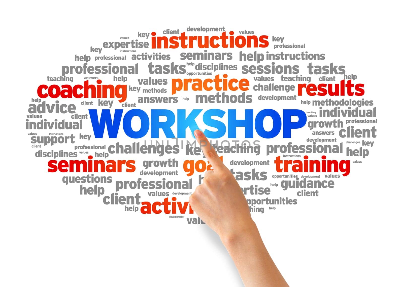 Hand pointing at a Workshop Word Cloud on white background.