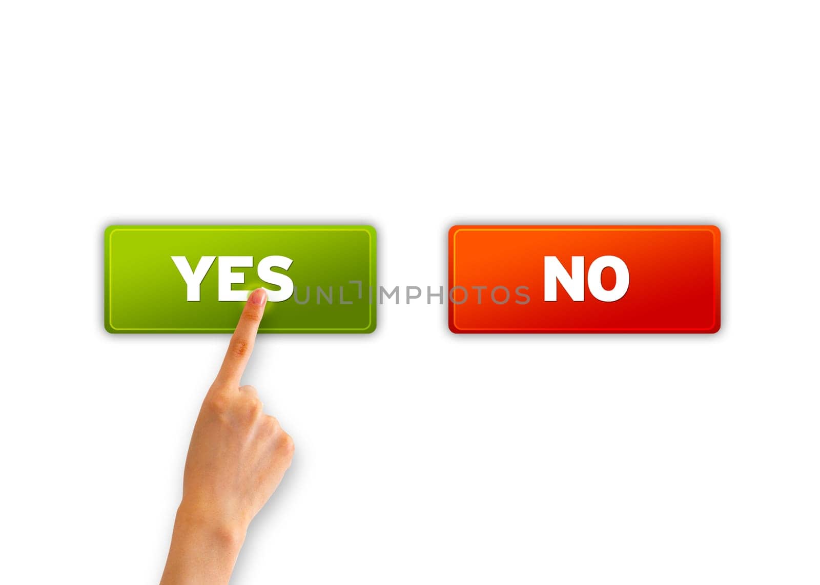 Hand pointing and choosing an green yes icon.