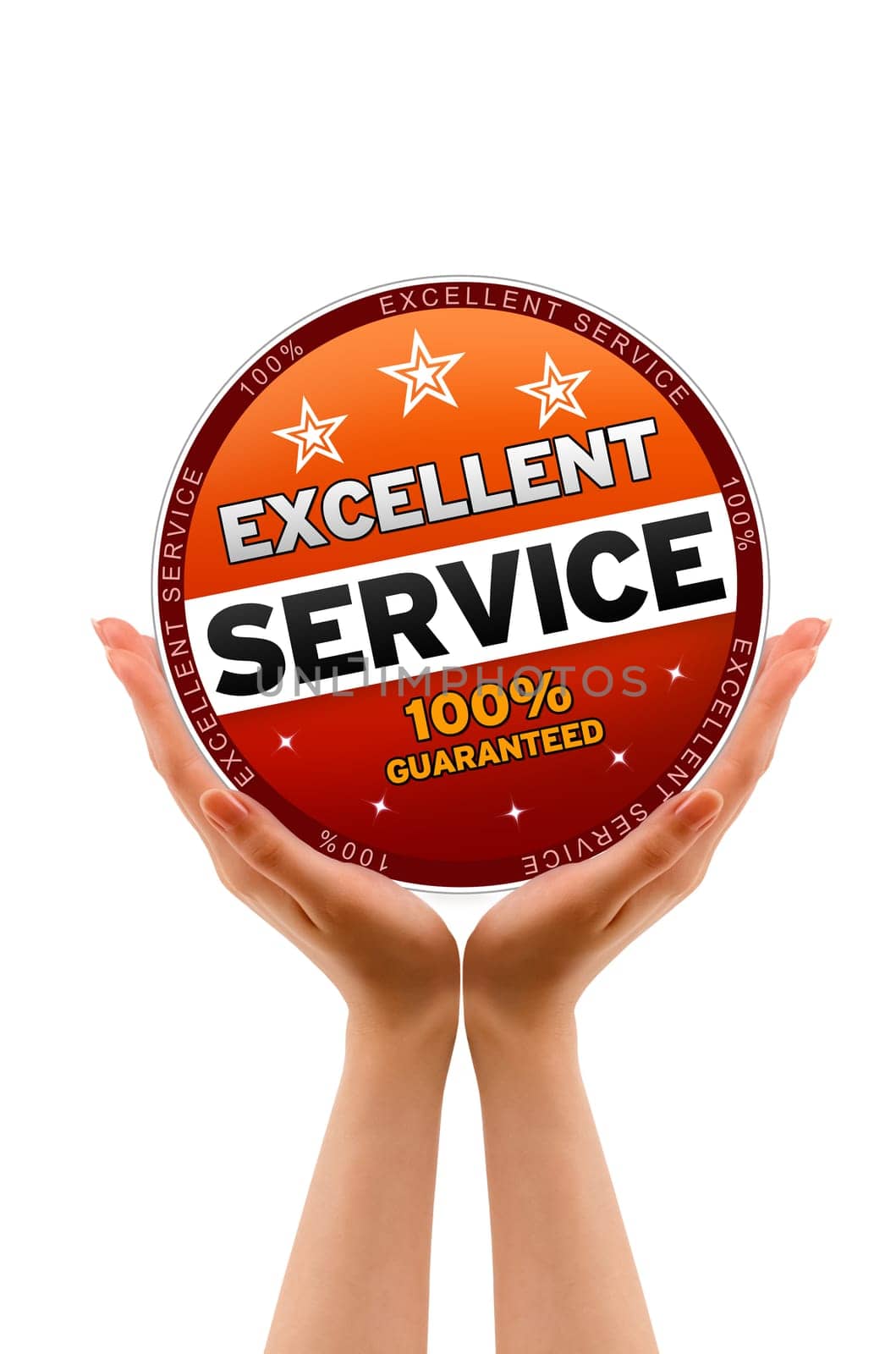 Hands holding a Excellent Service Icon on white background.