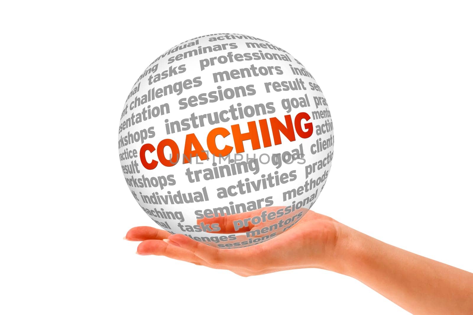 Hand holding a Coaching 3d Sphere on white background.