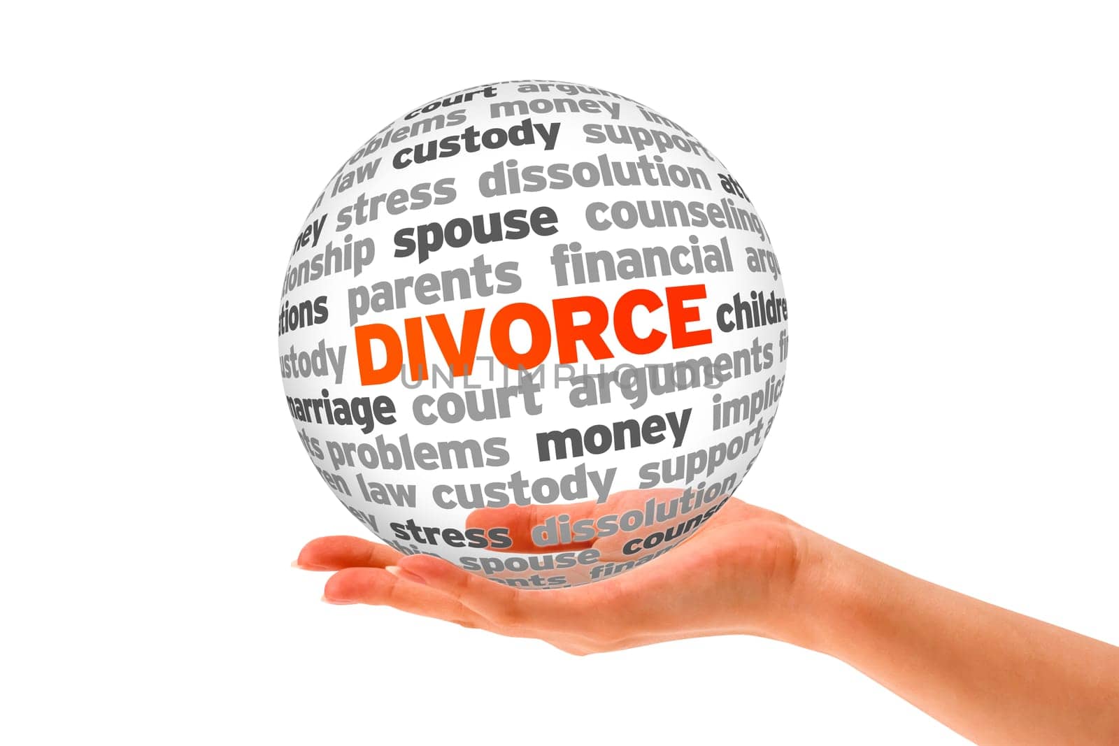 Hand holding a Divorce Word Sphere on white background.