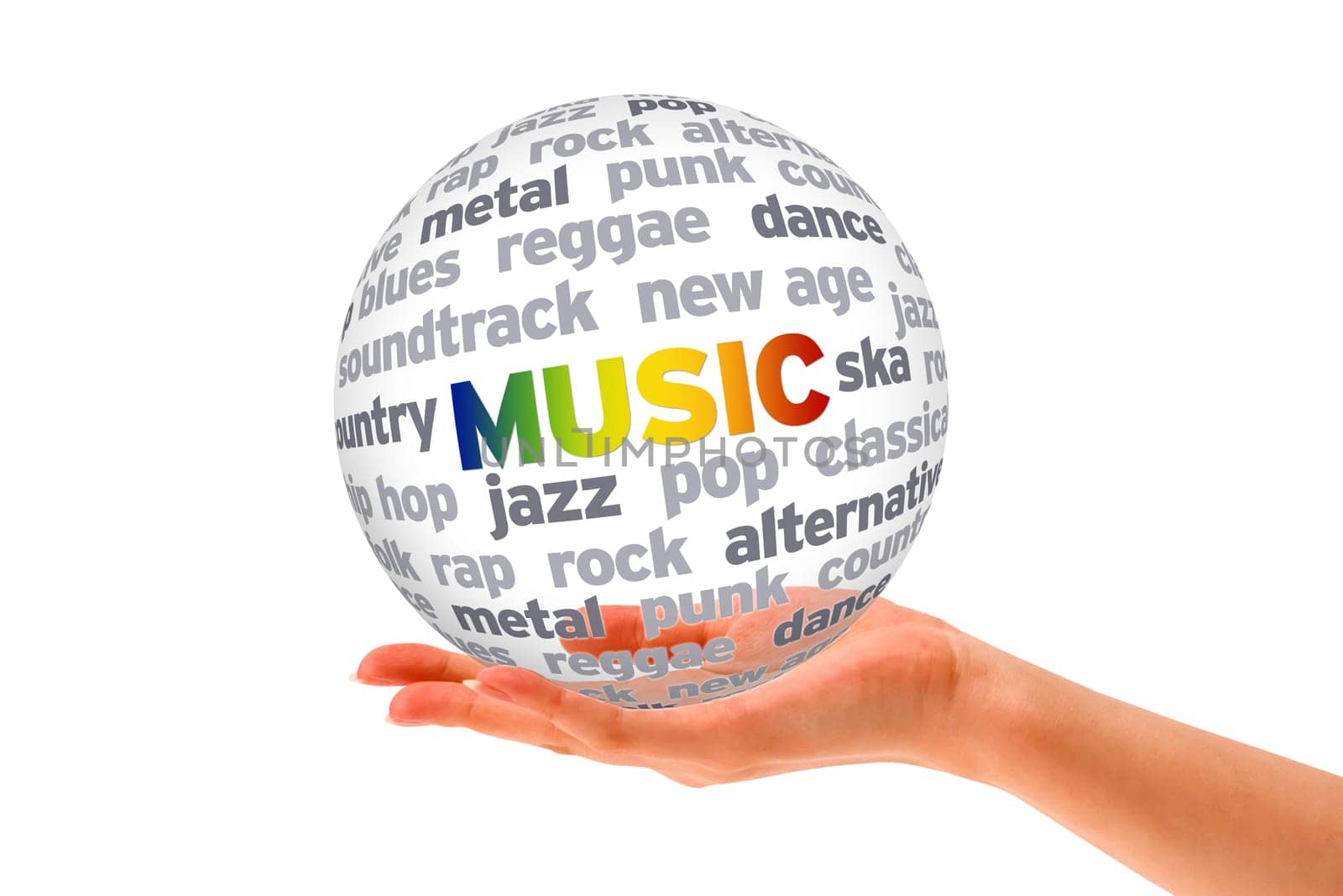 Hand holding a 3d Music Sphere on white background.