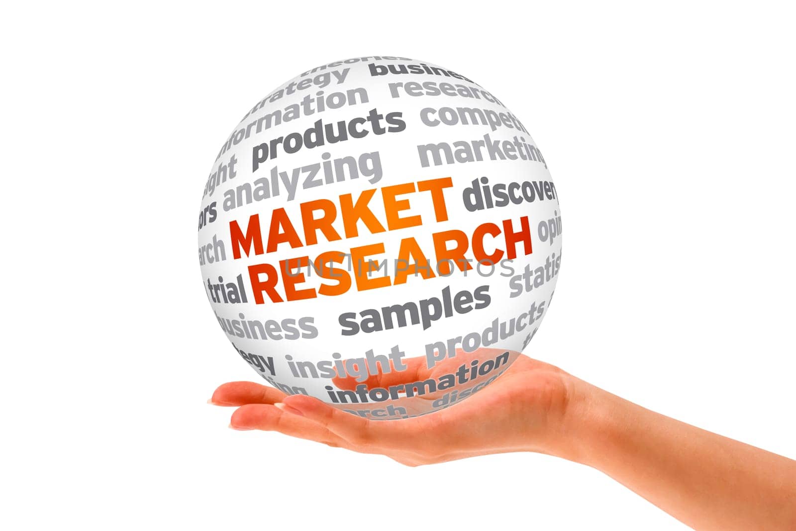 Hand holding a 3d Market Research Sphere on white background.