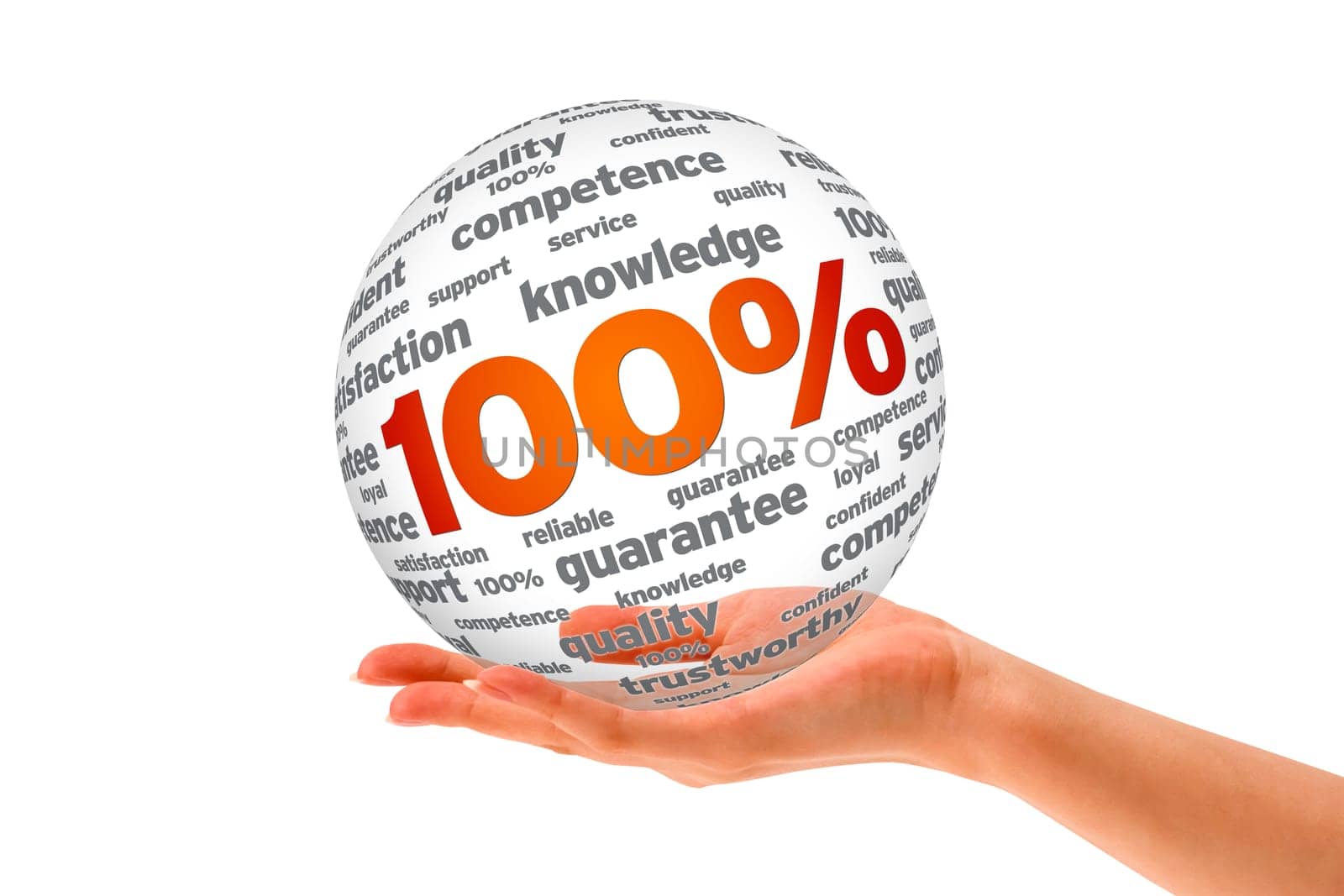 Hand holding a 100 Percent Sphere on white background.