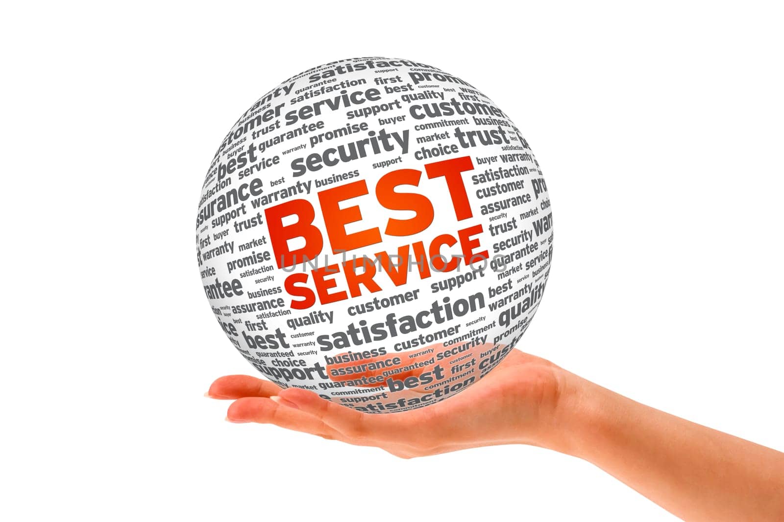 Hand holding a Best Service Sphere on white background.