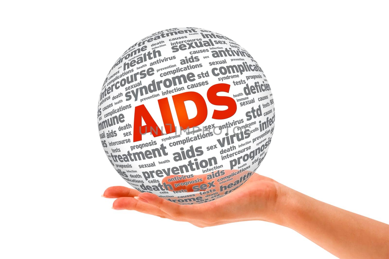 Hand holding a Aids 3D Sphere on white background.