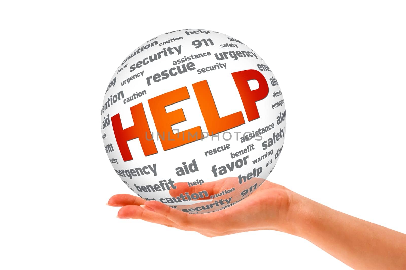 Hand holding a Help 3D Sphere sign on white background.