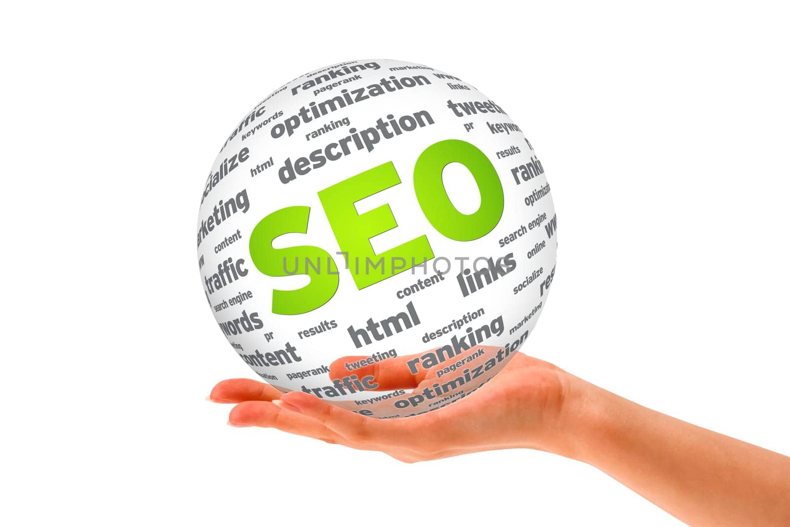 Hand holding a SEO 3D Sphere sign on white background.