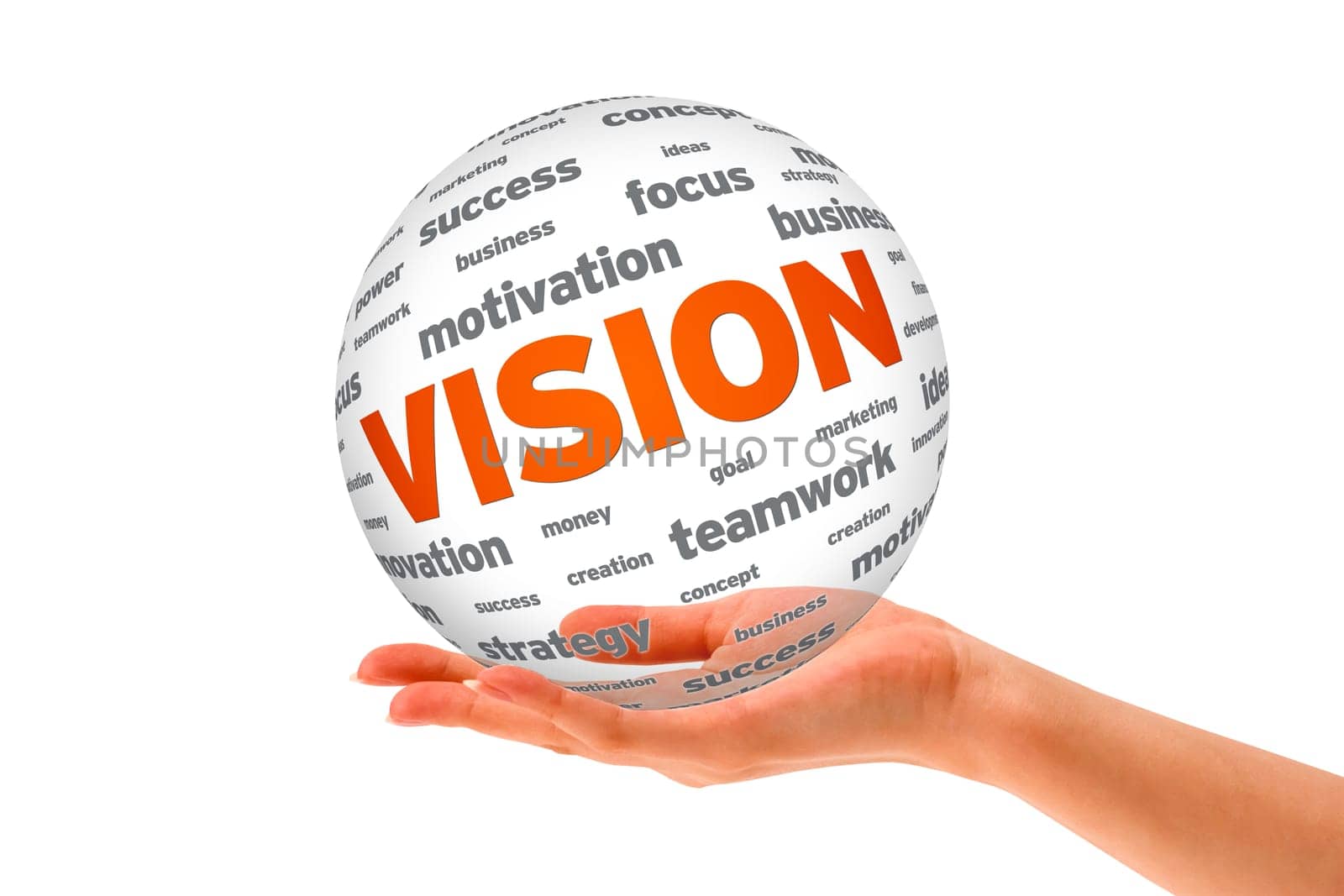 Hand holding a Vision 3D Sphere sign on white background.