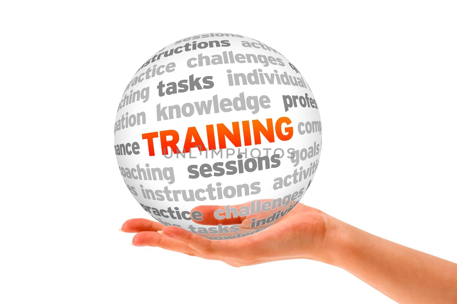 Hand holding a Training Word Sphere on white background.