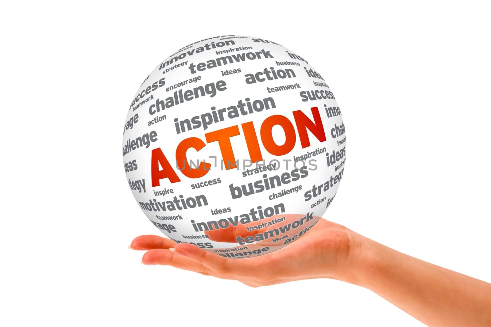 Hand holding a 3d Action Sphere sign on white background.