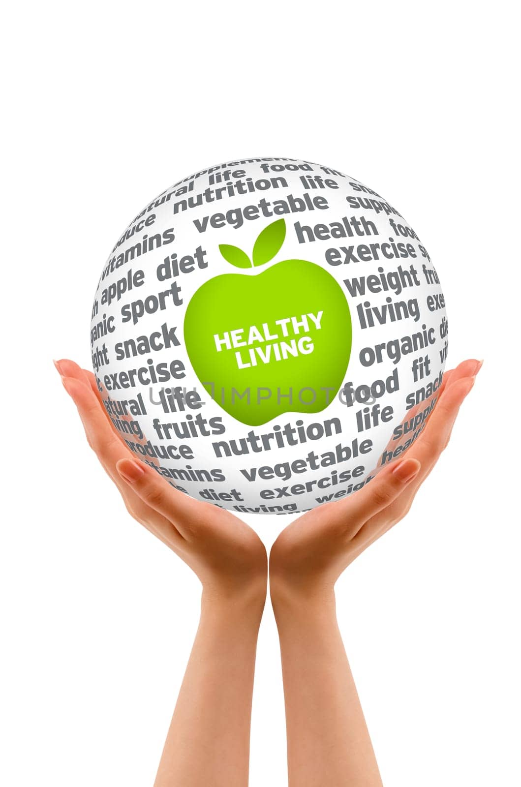 Hands holding a Healhty Lifestyle 3d Sphere on white background.