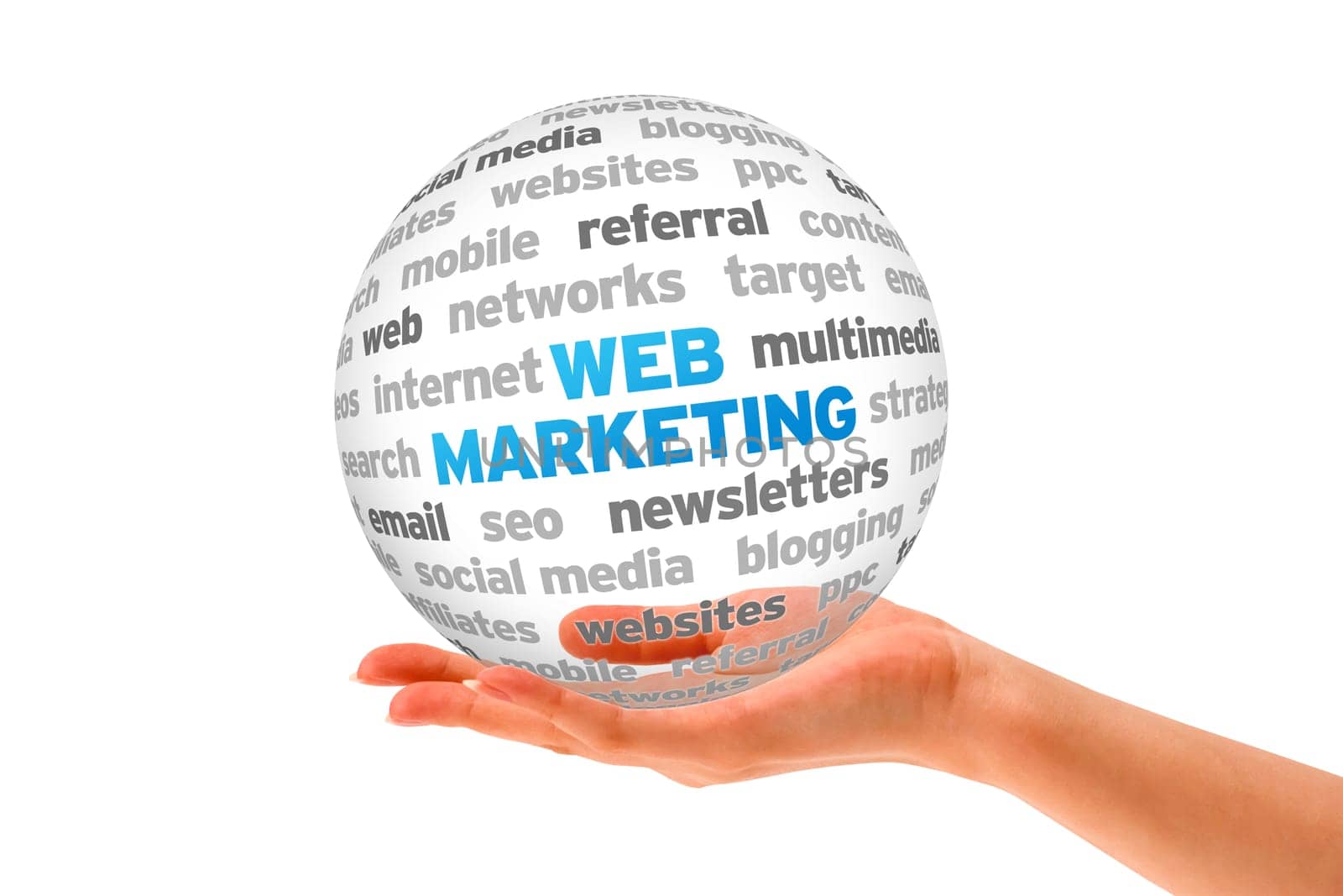 Hand holding a Web Marketing Word Sphere on white background.