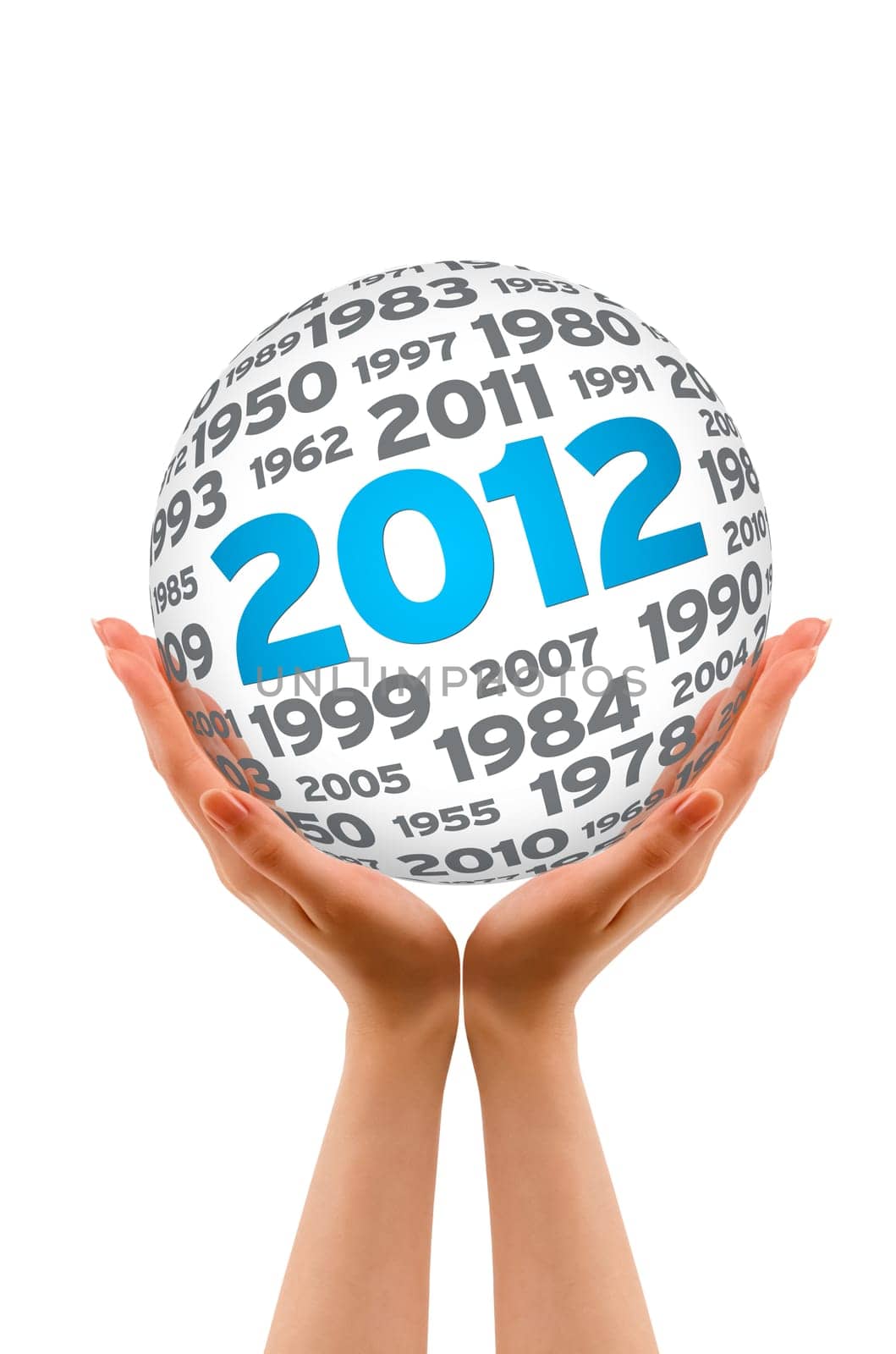 Hands holding a 2012 Sphere on white background.