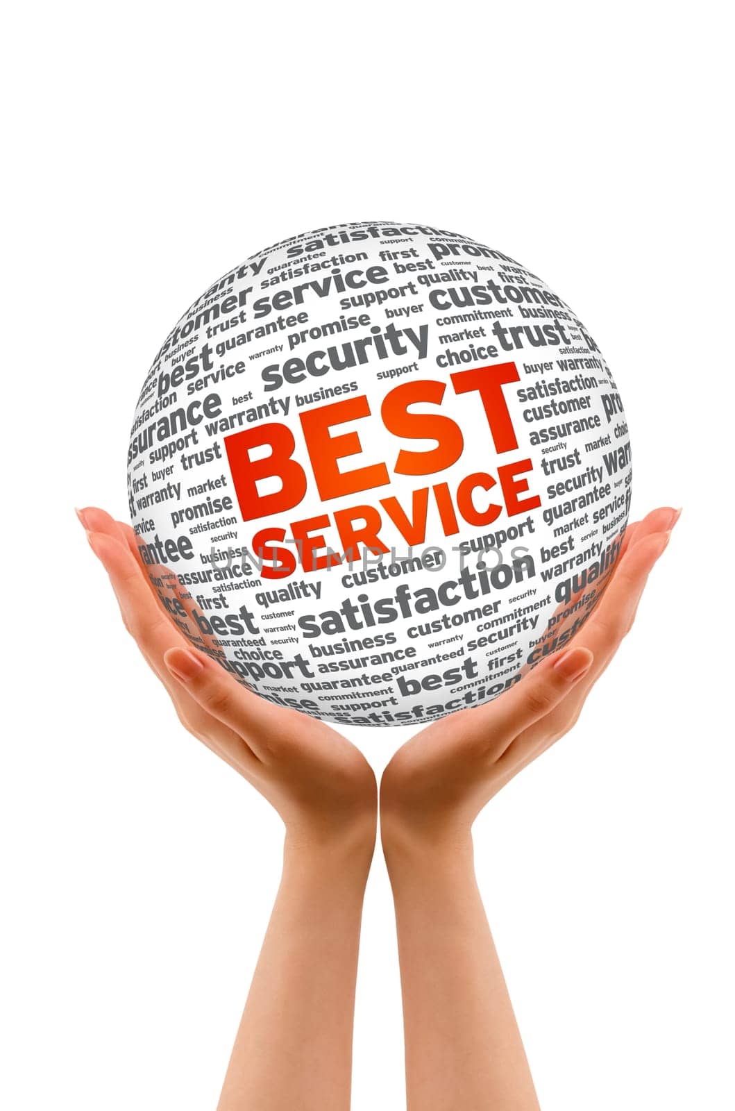 Hands holding a Best Service Sphere on white background.