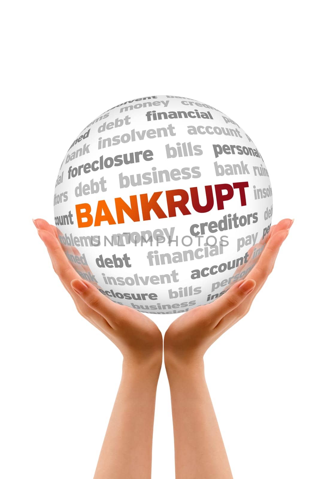 Hands holding a Bankrupt Word Sphere sign on white background.