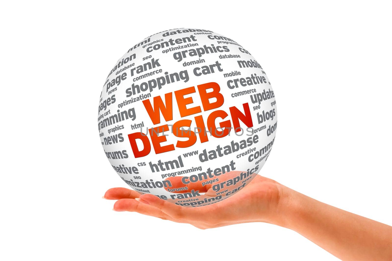 Hand holding a  Web Design 3D Sphere on white background.