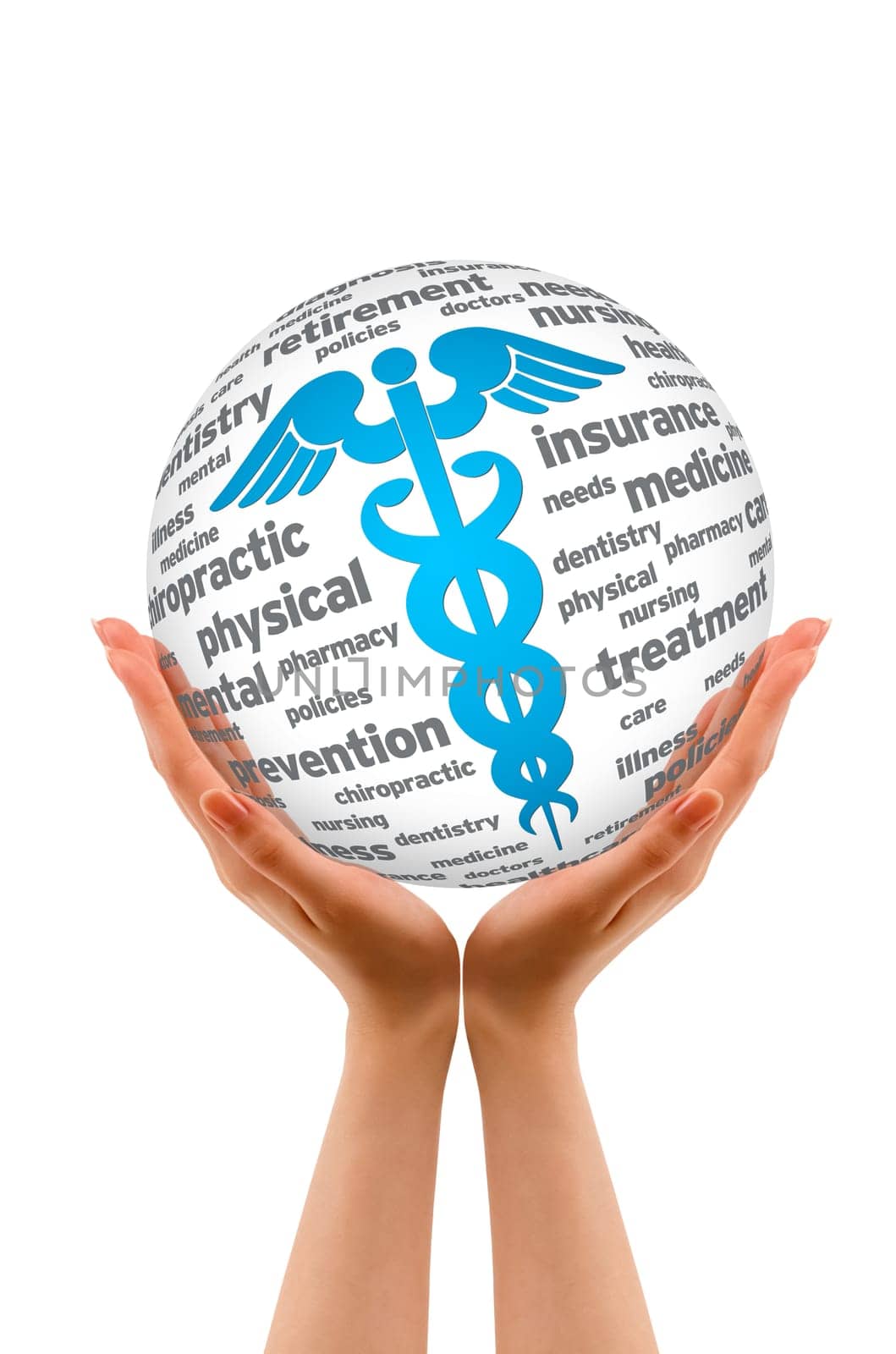 Hands holding a Caduceus Sphere sign on cloud background.