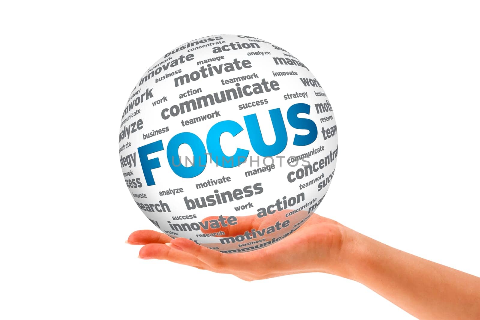 Hand holding a  Focus 3D Sphere sign on white background.
