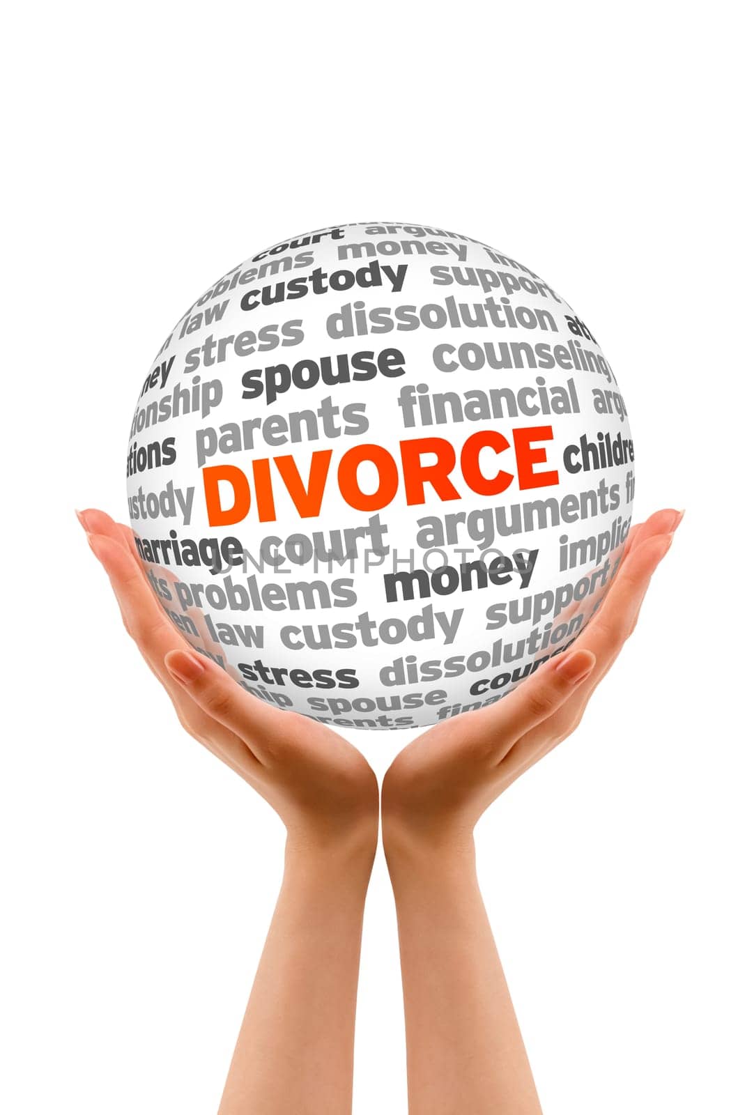 Hands holding a Divorce Word Sphere  on white background.