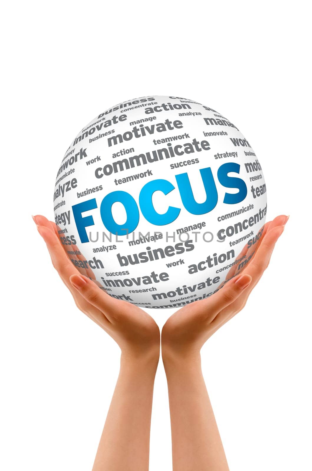 Hands holding a 3D Focus Sphere sign on white background.