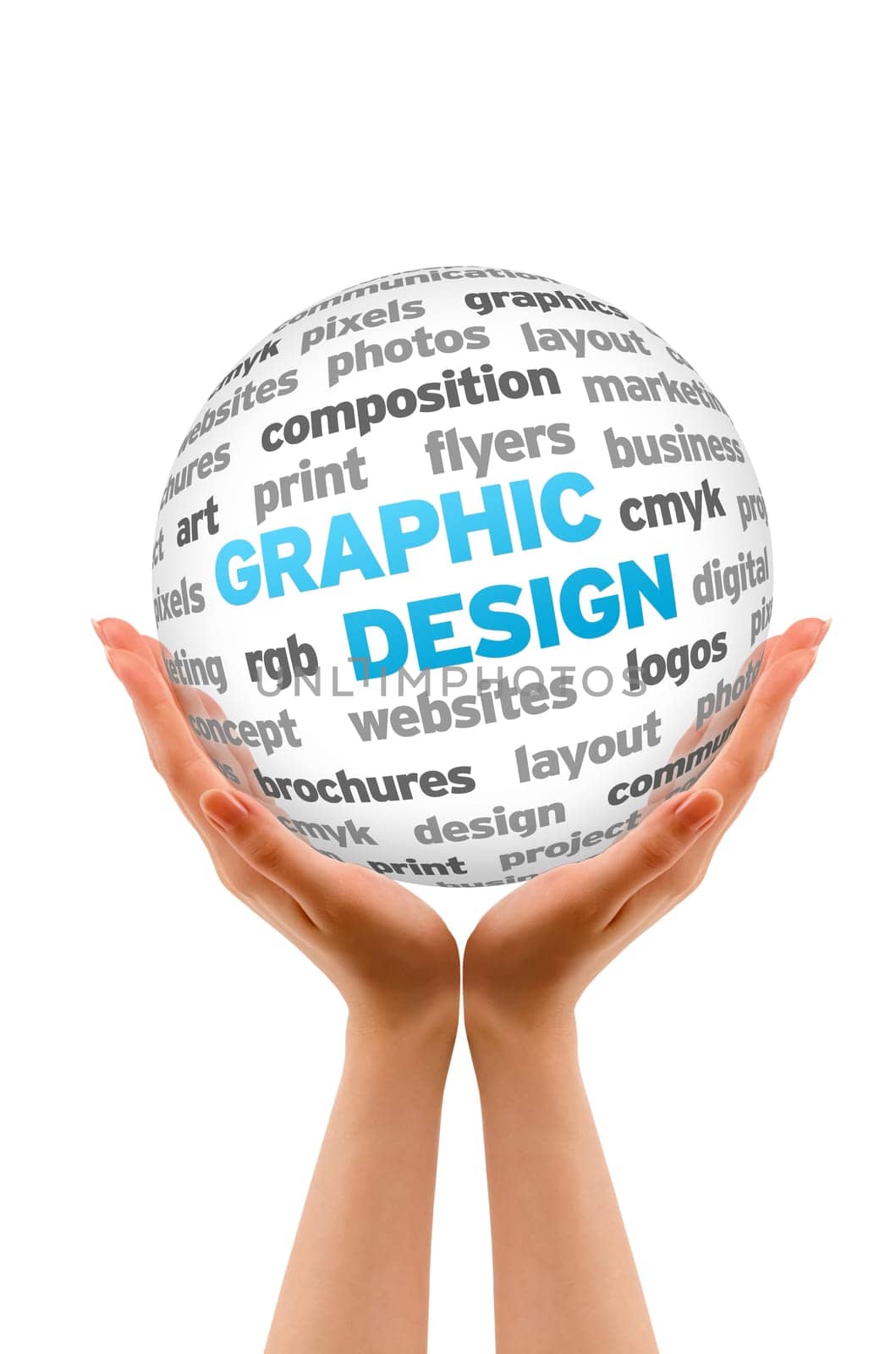 Hands holding a Graphic Design Word Sphere sign on white background.