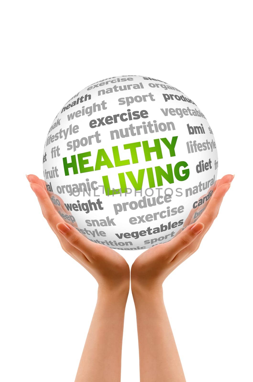 Hands holding a Healthy Living Word Sphere sign on white background.