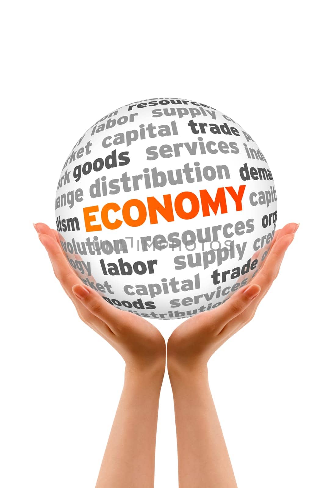 Hands holding a Economy Sphere sign on white background.