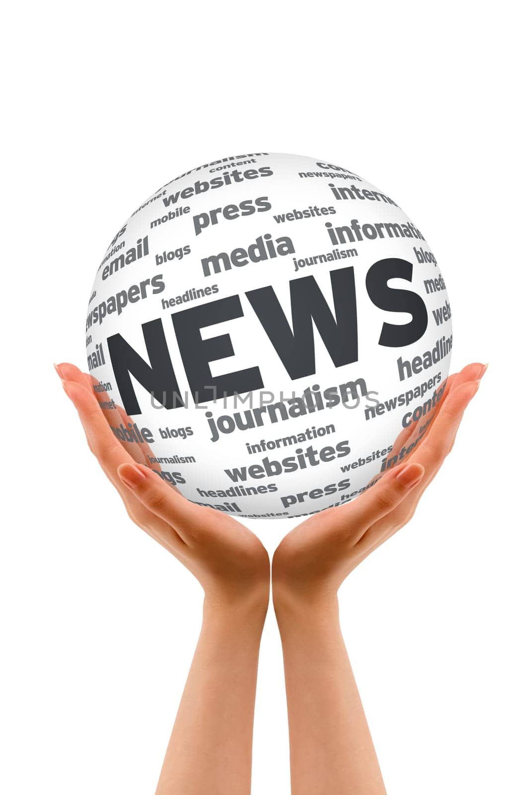 Hands holding a News Sphere on white background.