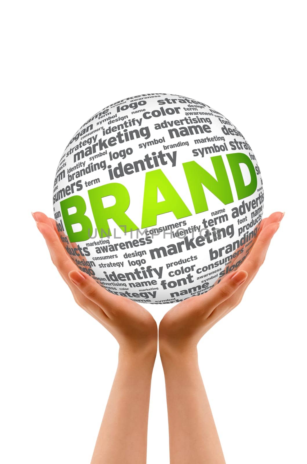 Hands holding a Brand 3D Sphere on white background.