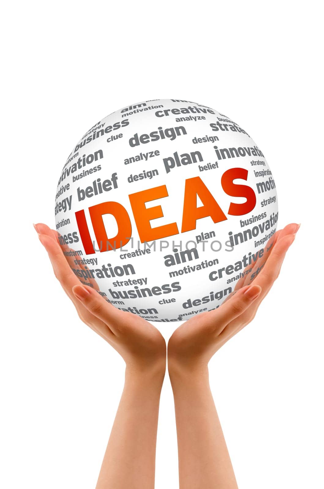 Hands holding a Ideas Sphere sign on cloud background.