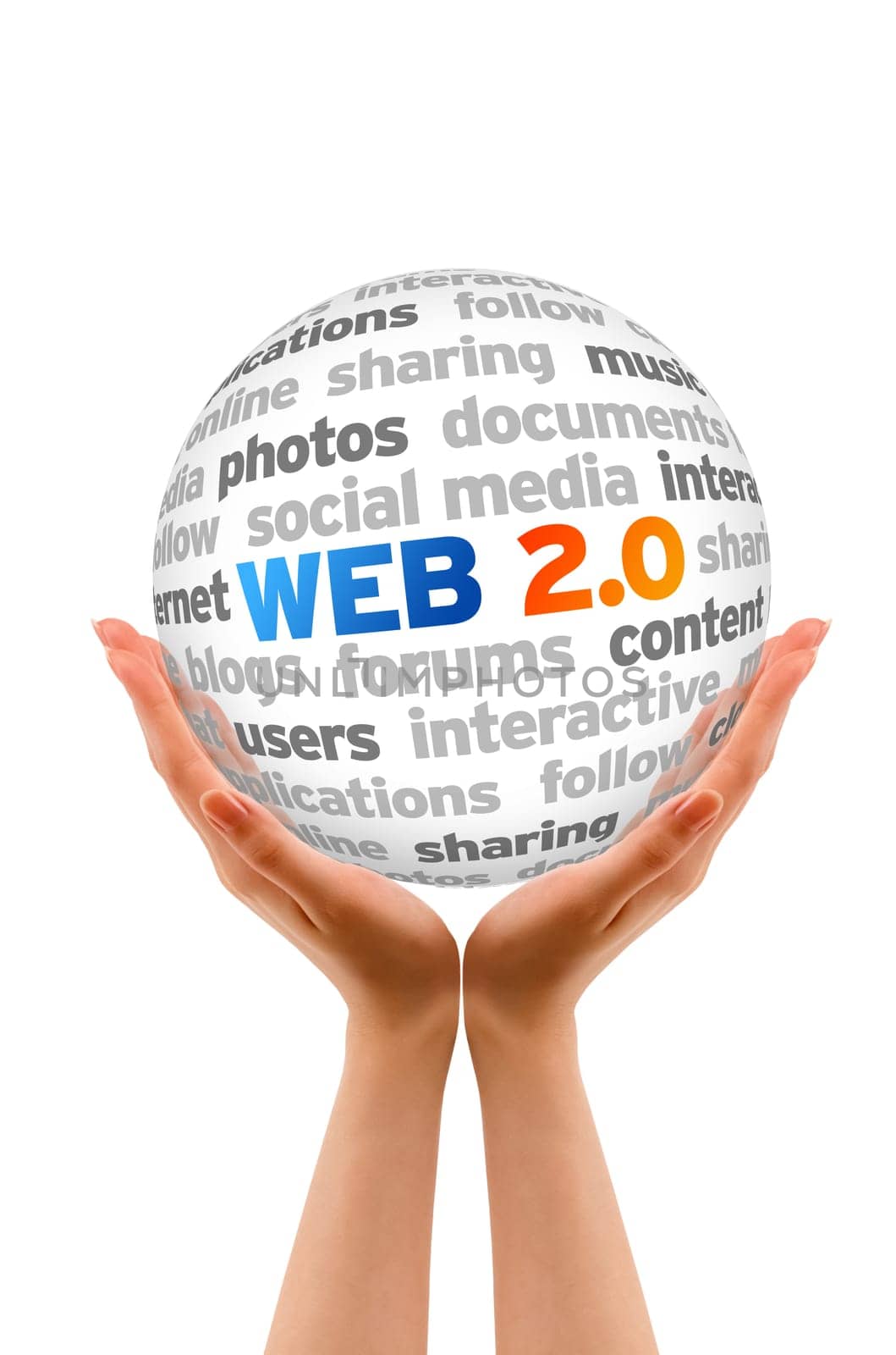 Hands holding a Web 2.0 Word Sphere on white background.