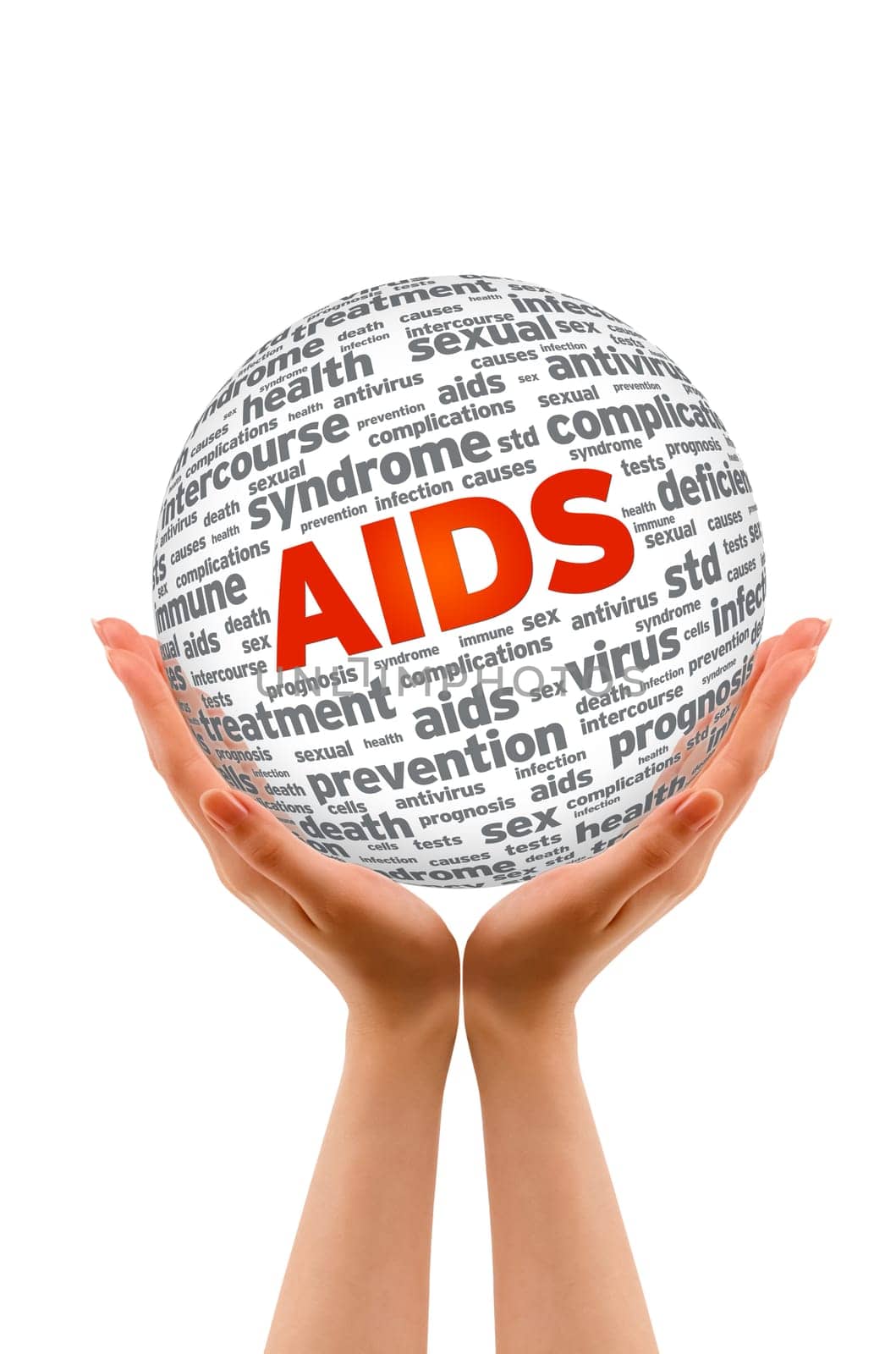Hands holding a Aids 3D Sphere on white background.