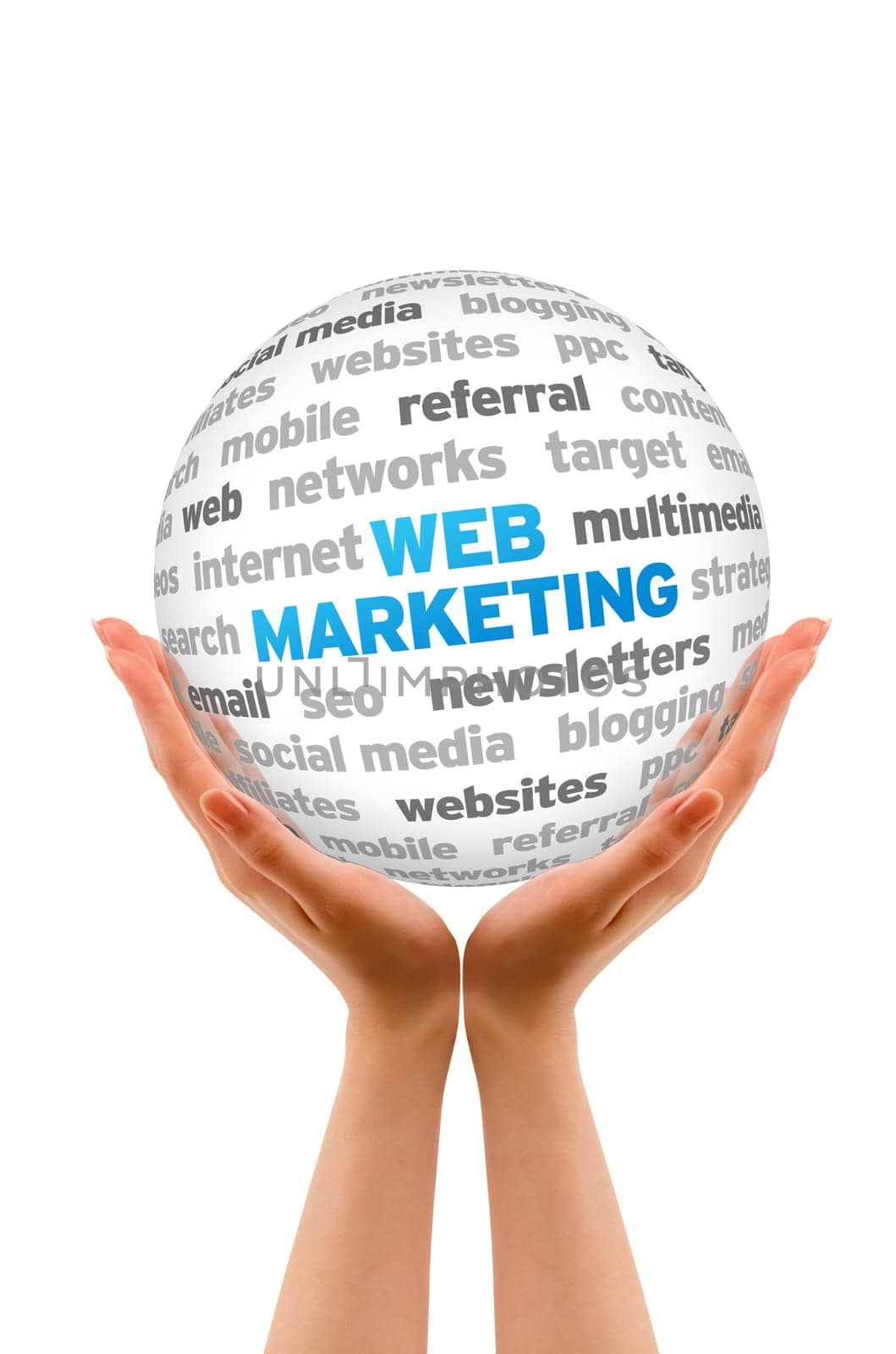 Hands holding a Web Marketing Word Sphere on white background.