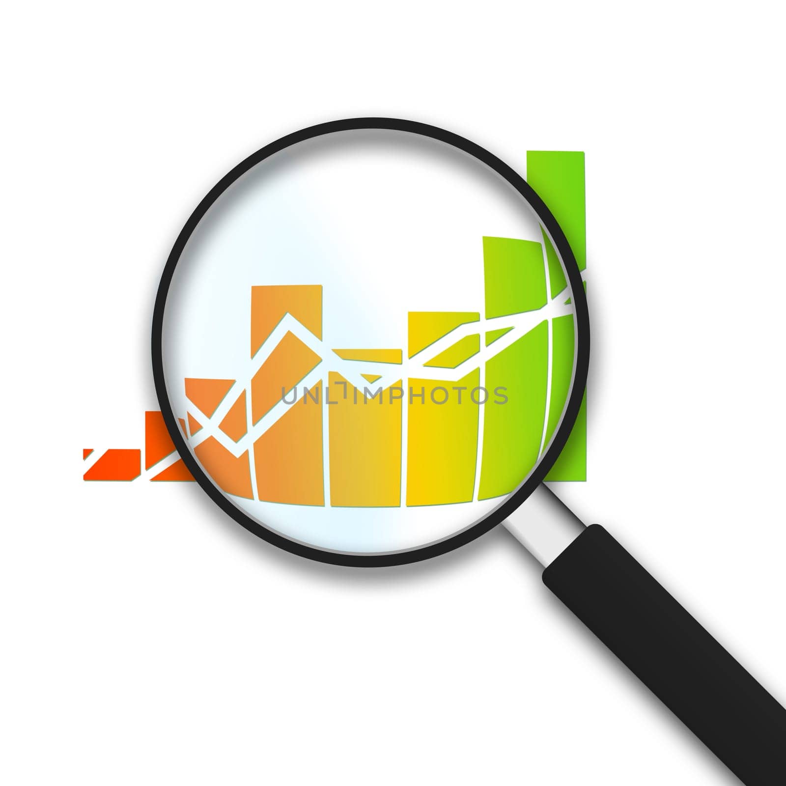 Magnifying Glass with Financial Business Graph on white background
