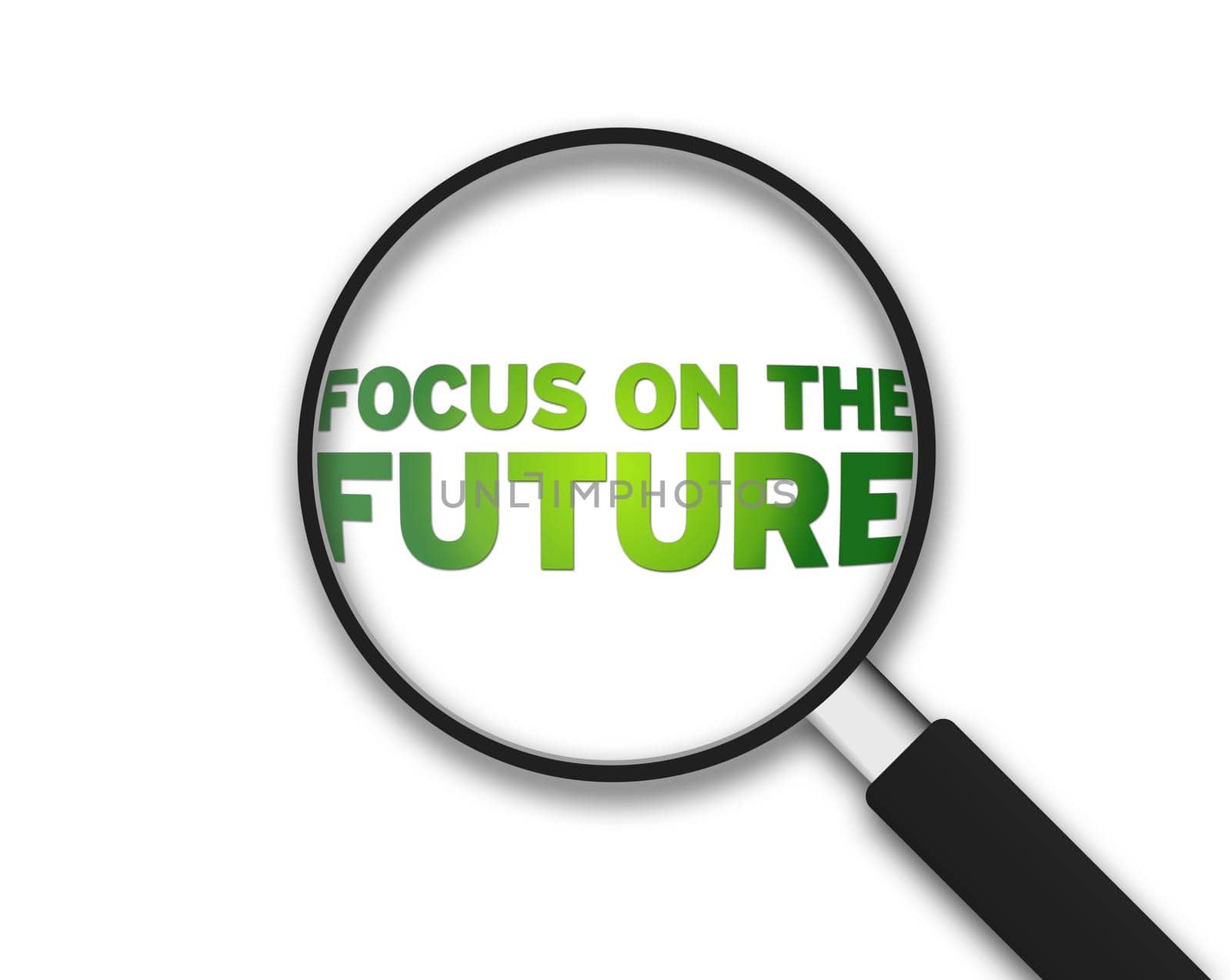 Magnifying Glass with the word focus on the future on white background.
