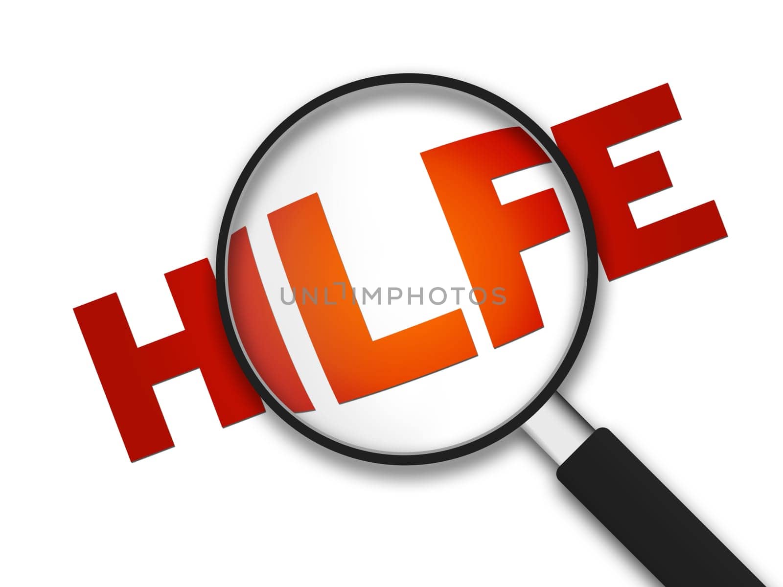Magnifying Glass with the word help on white background.