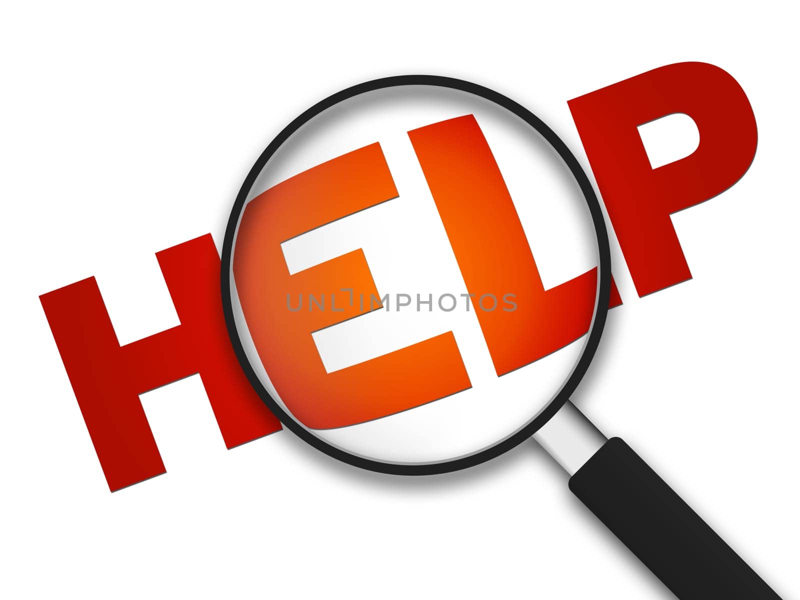 Magnifying Glass with the word help on white background.
