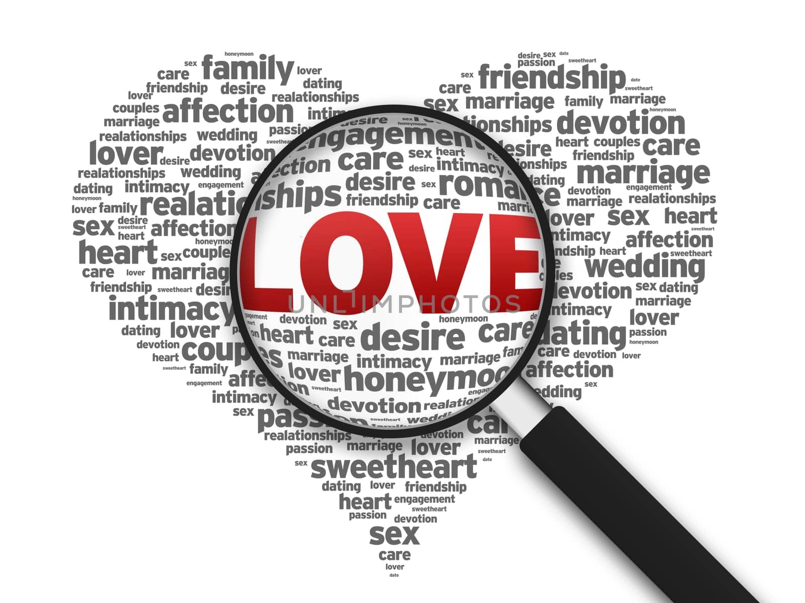 Magnifying Glass with heart shapped illustration on white background