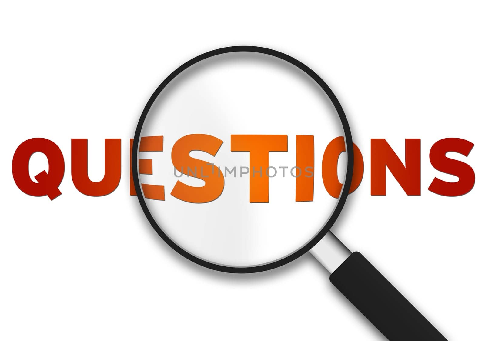 Magnifying Glass with the word questions on white background.