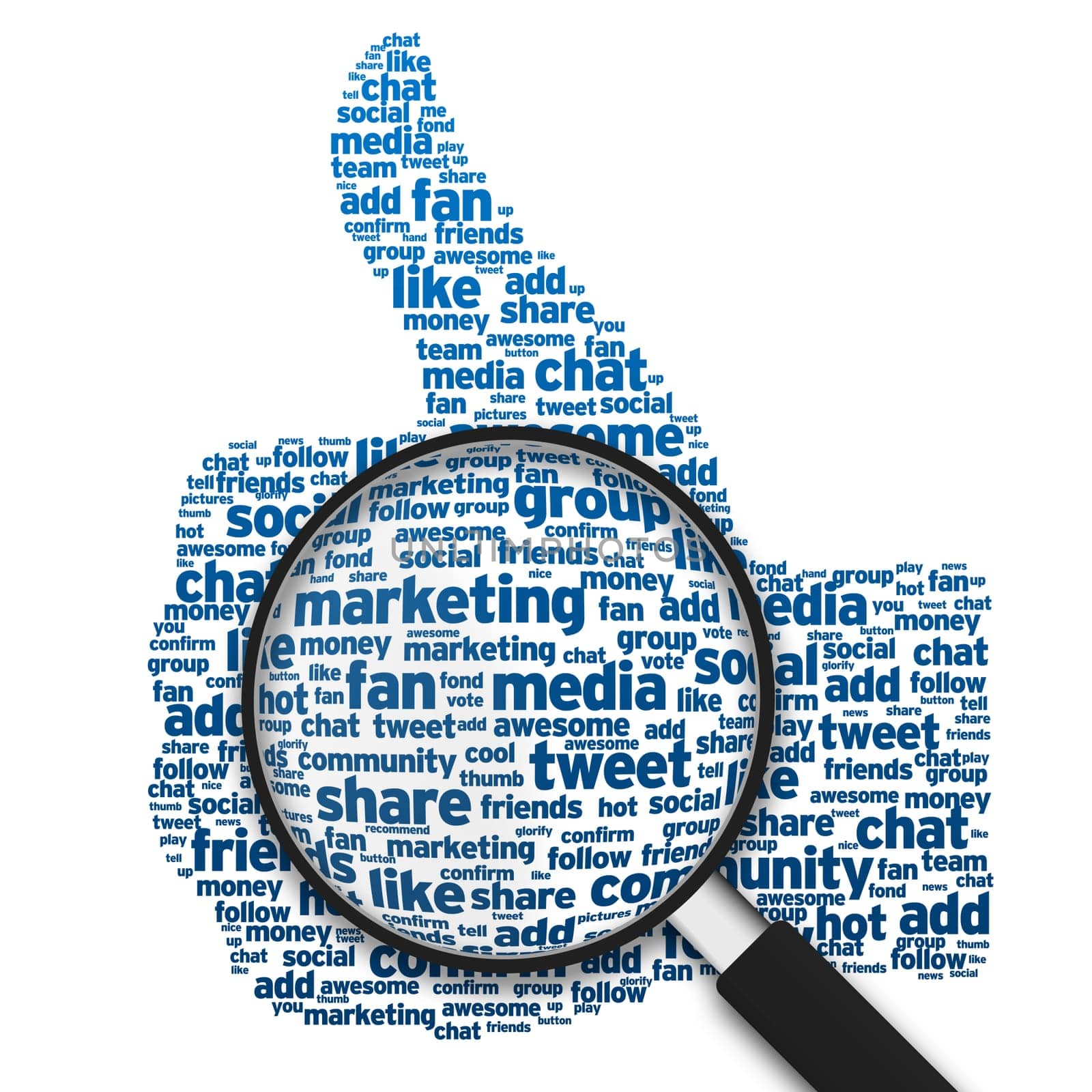 Magnified illustration with a thumb up on white background.