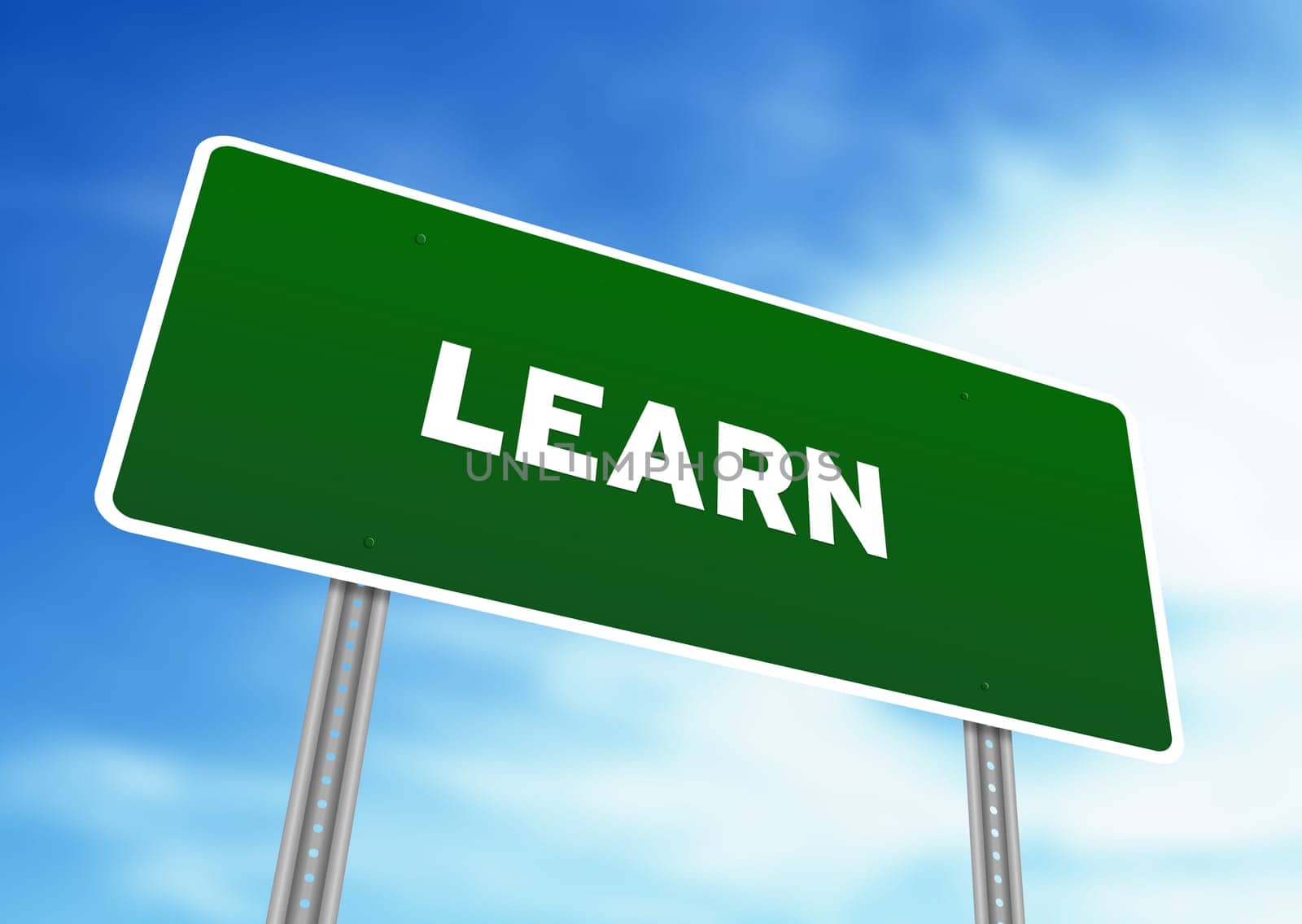 High resolution graphic of a Learn Street Sign on Cloud Background.