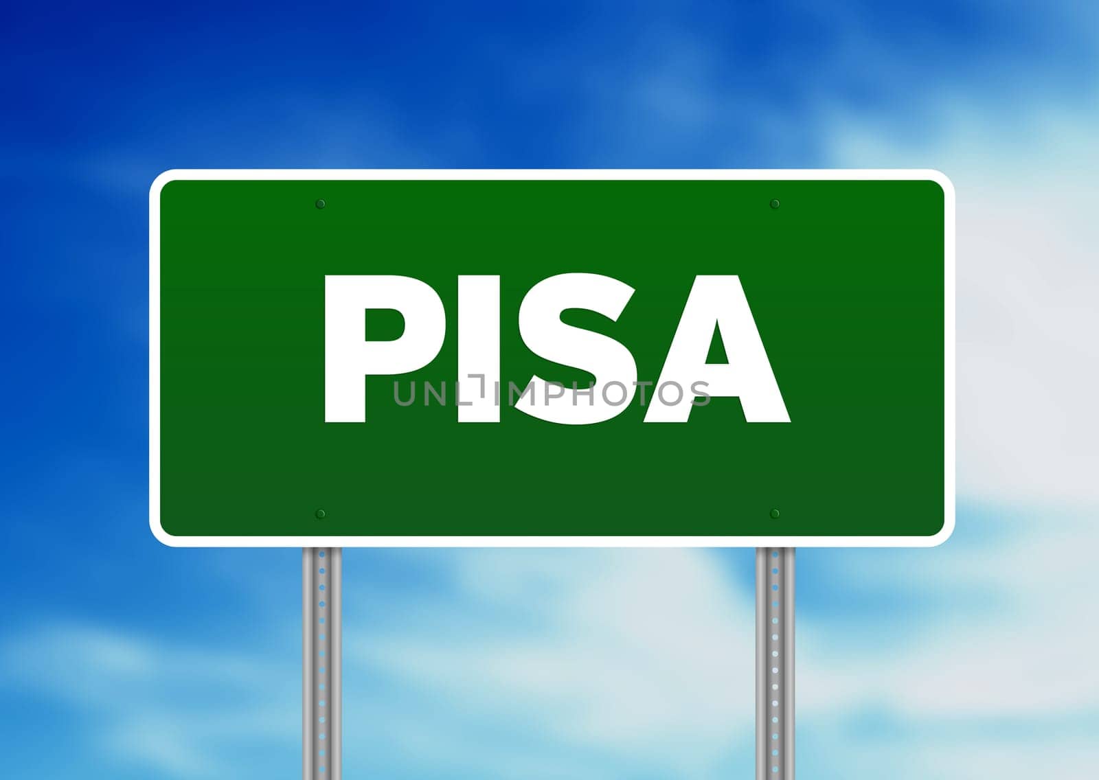 Green Pisa, Italy, road sign on Cloud Background.