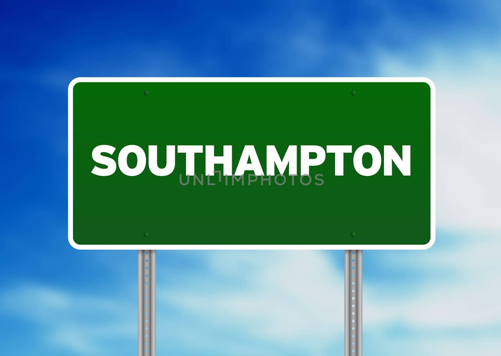 Green Southampton, England highway sign on Cloud Background.