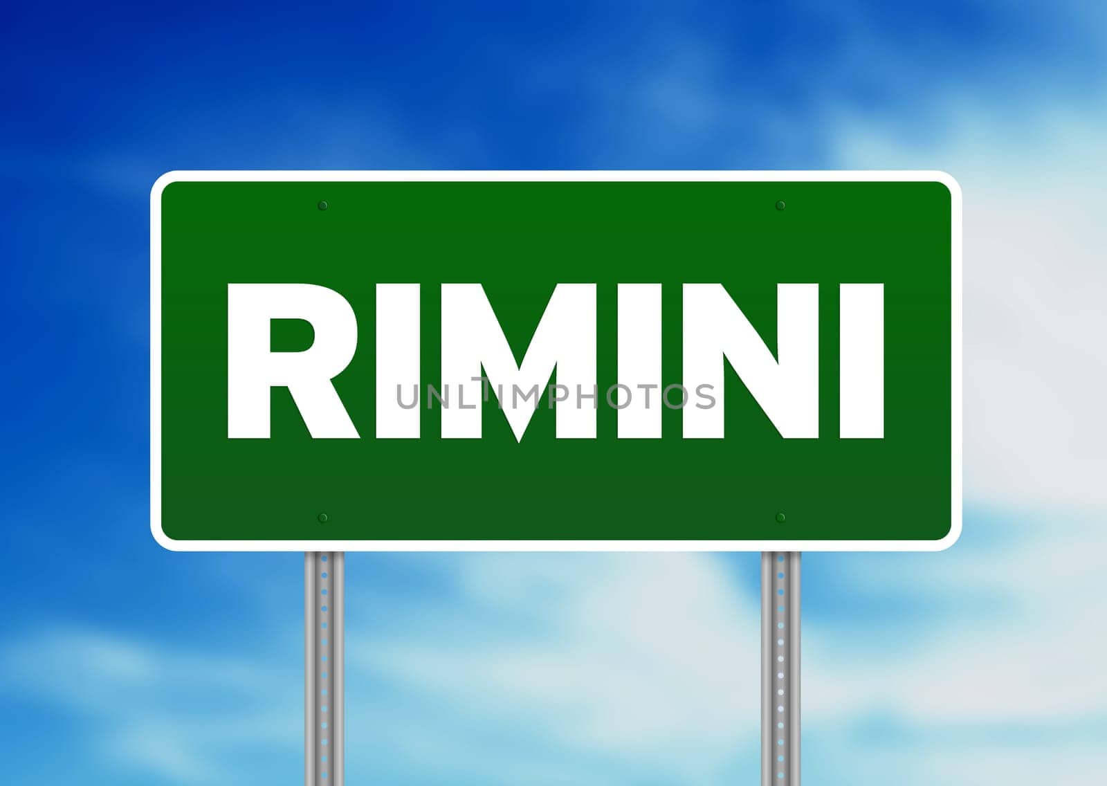 Green Rimini, Italy, road sign on Cloud Background.