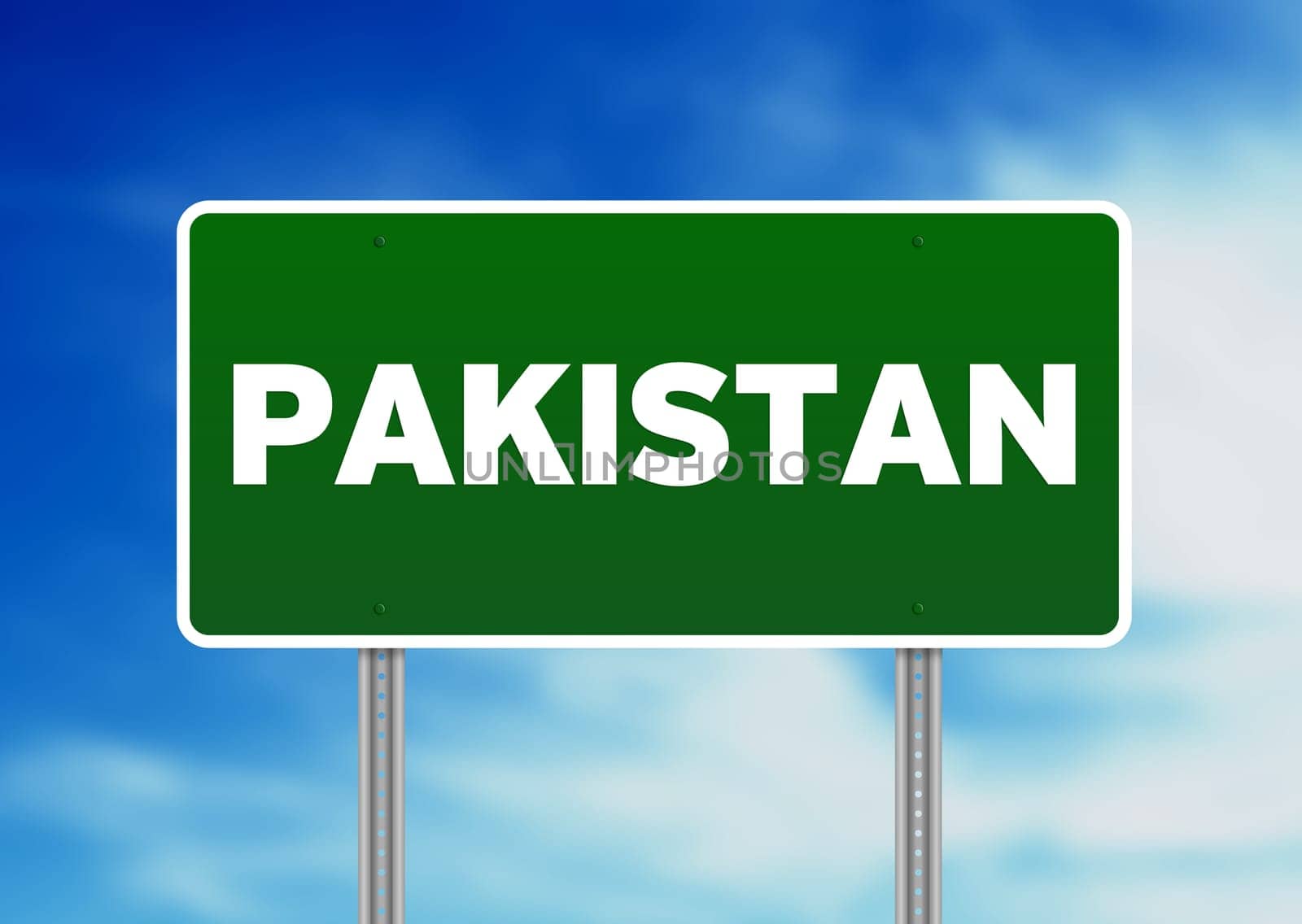 Green Pakistan highway sign on Cloud Background.